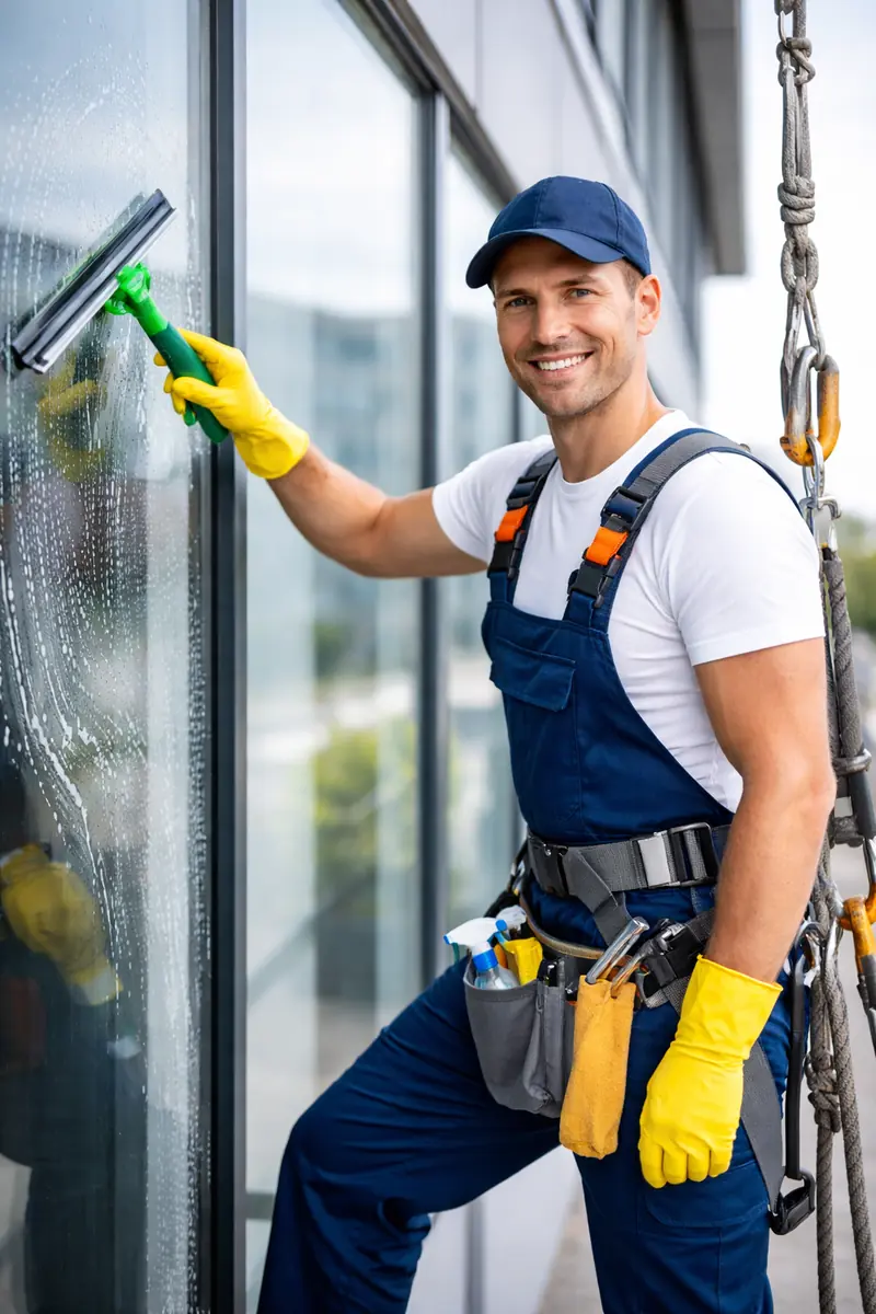 Equipo profesional de limpieza trabajando